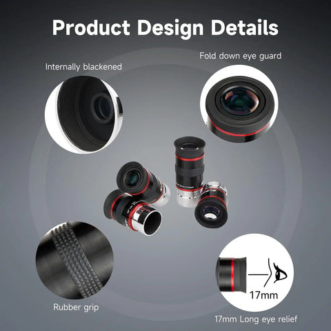 Ultra Wide 68 Degree 1.25 Inch Eyepiece Set for telescopes with FMC green film optics, featuring design details like eye guard and rubber grip.