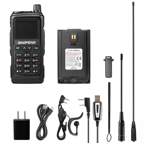 UV-17R Plus Ham Radio Multi Band Walkie Talkie 7W Long Range VHF UHF Radio and accessories including antennas and battery.