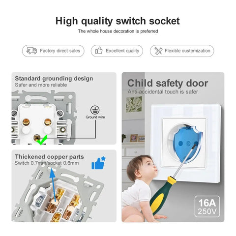 Stunning French Style 16A Double Wall Socket Boasts Tempered Glass Panel And Fresh Black Look For 220V Systems Slips Into European Round Boxes Smoothly With Rock Solid Build That Hangs Tough For Crib Reno Projects 122X82mm with child safety door and thickened copper parts.