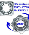 Heavy Duty Lazy Susan Hardware Set Featuring A 3 Inch Square Ball Bearing Swivel Plate With 120 Lb Capacity And Five Sixteenth Inch Thick Rotating Disc, shown from top and side views
