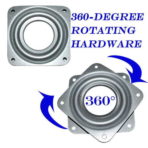 Heavy Duty Lazy Susan Hardware Set Featuring A 3 Inch Square Ball Bearing Swivel Plate With 120 Lb Capacity And Five Sixteenth Inch Thick Rotating Disc, shown from top and side views