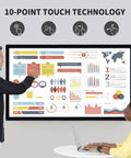 Person interacting with 55 Inch Interactive Touchscreen Monitor displaying infographics using 10-point touch technology.