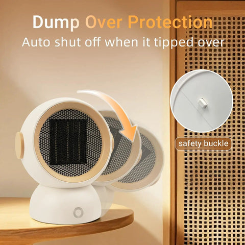 Tiny But Mighty Ceramic Space Heater With 1200W Quick Heat Two Modes Ultra Quiet Personal Heater showing tip-over safety feature
