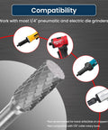 Pro Grade Double Cut Solid Carbide Die Grinder Bits Set With 1/4 Inch Shank showing compatibility with various grinders.
