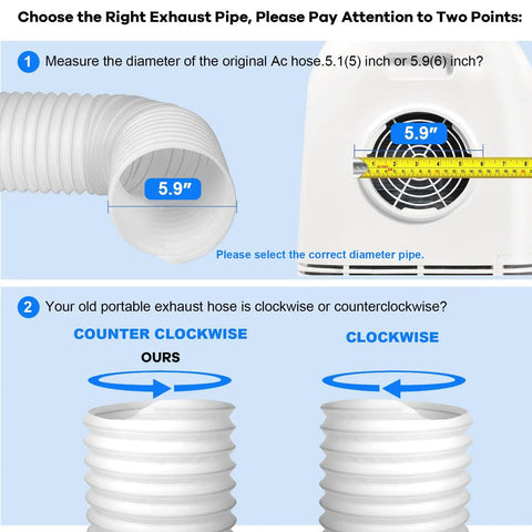 5.9 Inch Anti Clockwise Exhaust Hose For Portable AC Units with diameter measurement guide and threading direction comparison.