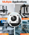 NEMA 14 bipolar stepper motor close-up with shaft; 4-lead, 59mm body; for 3D printers, CNC machines, automation.