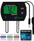 Heavy Duty PH And Temperature Water Quality Tester Meter With Automatic Temperature Compensation And Illuminated Screen, showing digital display and probes.