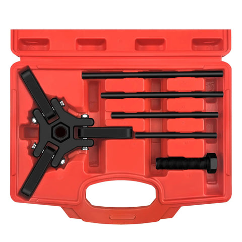 Heavy Duty Harmonic Balancer Puller Set with 3 Jaw Puller Push Bolt and Forcing Rods for Automotive Repair in red plastic case