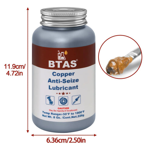 BTAS Copper Anti-Seize Lubricant bottle, 8 oz, gray container with brown label
