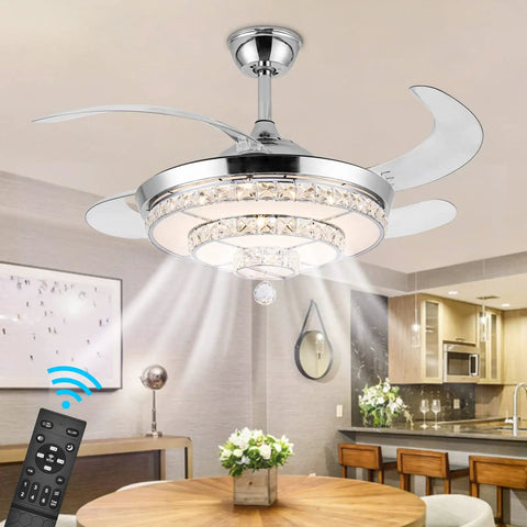 Crystal Chandelier Ceiling Fan With Light 42 Inch LED Stepless Dimmable Fandelier. Indoor view showing remote control and retractable blades.