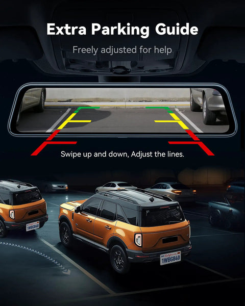 12 Inch 4K Front Dash Cam With 1080P Rear, Smart Mirror Backup System For Cars And Trucks displaying parking assist guidelines