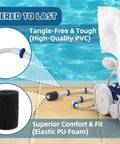 Polaris Zodiac 280 Replacement Parts Kit Beefed Up Wheel And Bag Accessories pool cleaner next to PVC hose and PU foam in pool setting