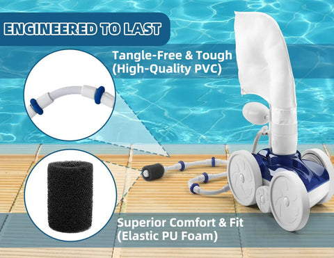 Polaris Zodiac 280 Replacement Parts Kit Beefed Up Wheel And Bag Accessories pool cleaner next to PVC hose and PU foam in pool setting