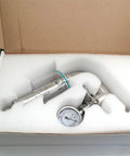 Geife 1.5 inch tri-clamp spunding valve with TC diaphragm gauge in SS304 stainless steel, front view in foam packaging