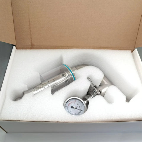 Geife 1.5 inch tri-clamp spunding valve with TC diaphragm gauge in SS304 stainless steel, front view in foam packaging