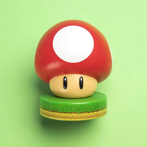 Super Mushroom Icon Light For Gamers Inspired By Nintendo Mario Series Battery Powered Night Light with a warm glow on green base