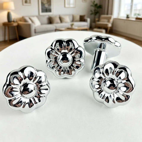 Chrome Flower Drawer Knob Set Zinc Cabinet Pulls 4 Pack with 3 screw sizes for bedroom dresser, shiny modern finish on display table
