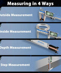 12 Inch Digital Caliper With Rechargeable Stainless Steel Body, Type C Charging, Auto On Off, Quick 50 Minute Charge For Months Of Everyday Use, Ideal For Woodworking, Metalworking, And DIY Projects, Precise Measurements Every Time showing 4 measurement modes
