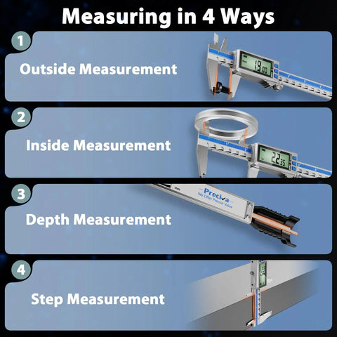 12 Inch Digital Caliper With Rechargeable Stainless Steel Body, Type C Charging, Auto On Off, Quick 50 Minute Charge For Months Of Everyday Use, Ideal For Woodworking, Metalworking, And DIY Projects, Precise Measurements Every Time showing 4 measurement modes