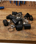 Office Chair Repair Kit with 36 Plastic Tube Clips and 1.2 Inch Stainless Steel Hose Clamps on wooden table