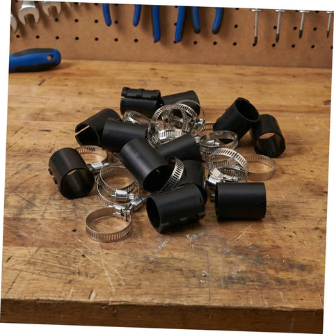Office Chair Repair Kit with 36 Plastic Tube Clips and 1.2 Inch Stainless Steel Hose Clamps on wooden table