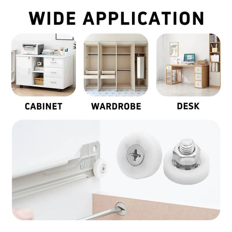 Wide application for eight piece 22mm drawer rollers with bearings and nuts for cabinets, sliding doors, and filing cabinets.