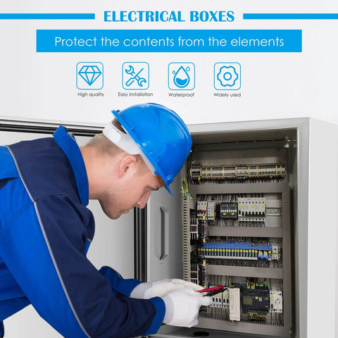 Heavy Duty Tough As Nails Outdoor Electrical Enclosure Box 20x12x10 Inches IP66 Weatherproof Junction Box with technician inspecting