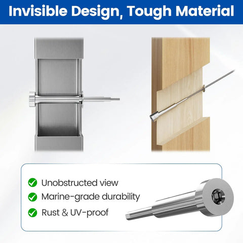Invisible Cable Railing Hardware Kit For 4x4 Wood Posts And Metal Posts 80 Pack showing stainless steel tensioner and terminal.