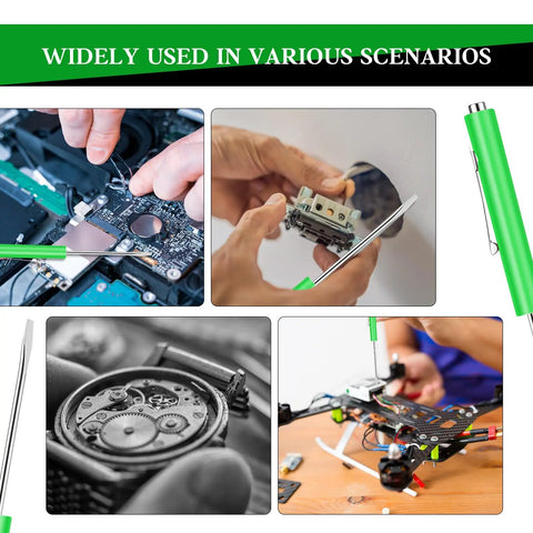 12 Pack Green Pocket Screwdrivers Magnetic Mini Tops With Single Blade Head For Mechanical And Electrical Work 5.3 Inch Length Compact Handy Tool Set For Home Workshop And On The Go in various use scenarios including electronics repair, home improvement, and small mechanical tasks.