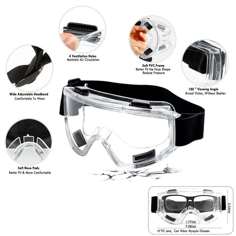 Clear PVC safety goggles with black adjustable headband, featuring ventilation holes and soft nose pads for comfort.