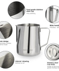 12 Oz Milk Frothing Pitcher Stainless Steel For Espresso Lovers Pro Grade Barista Vibe 304 Stainless Steamer Cup With Easy Grip Handle And Round Bottom For Smooth Creamy Froth Every Time, shown with labeled features like beak design and wide handle.
