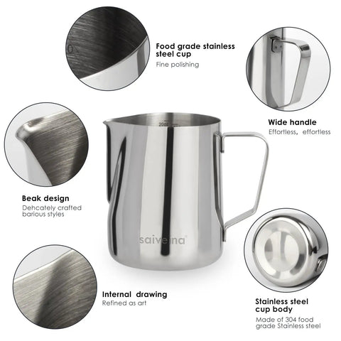12 Oz Milk Frothing Pitcher Stainless Steel For Espresso Lovers Pro Grade Barista Vibe 304 Stainless Steamer Cup With Easy Grip Handle And Round Bottom For Smooth Creamy Froth Every Time, shown with labeled features like beak design and wide handle.