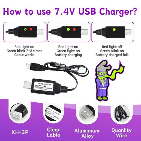 USB charger for 7.4V 2800mAh 8C LiPo Battery With JST Plug For RadioLink RC8X RC6GS RC4GS, charging instructions, LED indicators