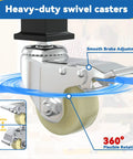 Close-up of heavy-duty swivel caster with brake on Beefy 60 Inch Heavy Duty Solid Wood Work Bench On Wheels