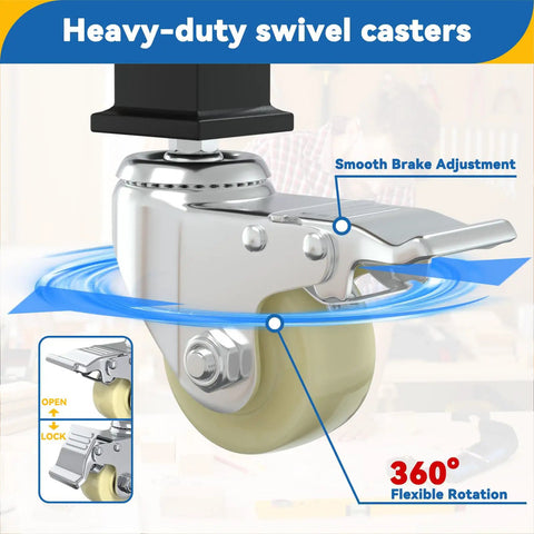 Close-up of heavy-duty swivel caster with brake on Beefy 60 Inch Heavy Duty Solid Wood Work Bench On Wheels