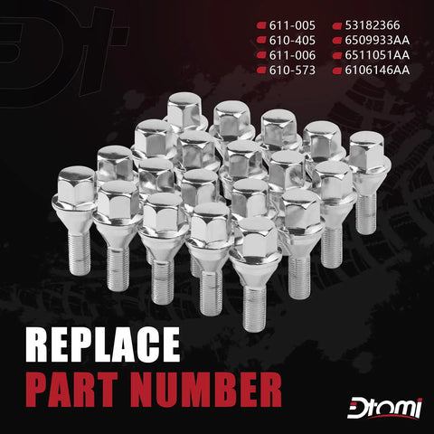 Wheel Lug Bolts M12x1.25 20 Pcs Set for Jeep Dodge Chrysler Ram Vehicles part numbers displayed in background
