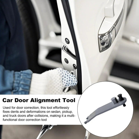 Universal Alloy Door Hinge Align Tool Pro Grade For Auto Body Repair And DIY Fixes Beefy Door Misalignment Corrector shown in use.