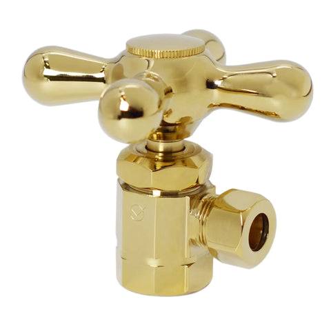 Cross Handle Compression Angle Stop Kit With Corrugated Riser Supply Line One Half Inch IPS Inlet To Three Eighth Inch OD Outlet Twenty Inch Length Polished Brass Includes Faucet And Toilet Cone Washers