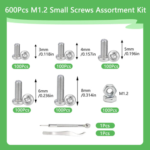 600Pcs M1.2 Metric Micro Screws And Nuts Assortment Kit featuring different sizes and tools for electronics and DIY projects.