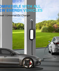 Level One Portable EV Charger 15 Amp 110 Volt With 21 Foot Extension Cord charging a parked electric car at home