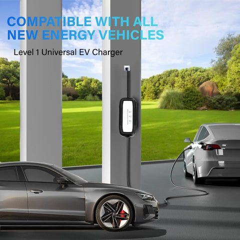 Level One Portable EV Charger 15 Amp 110 Volt With 21 Foot Extension Cord charging a parked electric car at home