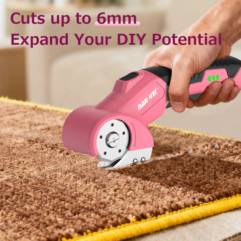 Nanwei Cordless Electric Scissors With Four Point Two Volt Motor And Type-C Charging cutting through carpet.