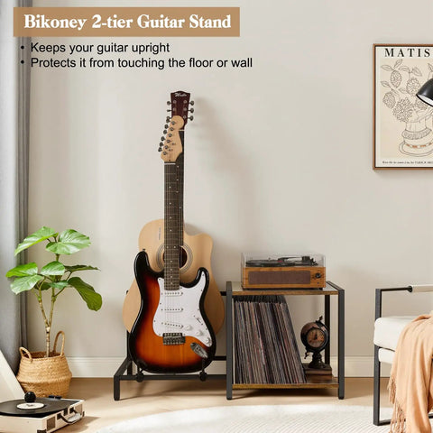Vintage Brown Guitar Amp Stand With Double Rack For Acoustic Electric Bass And Ukulele Storage Holder Heavy Duty Floor Stand Sturdy And Wide Base securely holds two guitars and an amp with a stylish design.