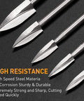 Pro Grade Wood Carving Bits For Rotary Tools, 5 Piece Engraving Drill Set With One Eighth Inch Shank, showing sharp HSS cutting heads.