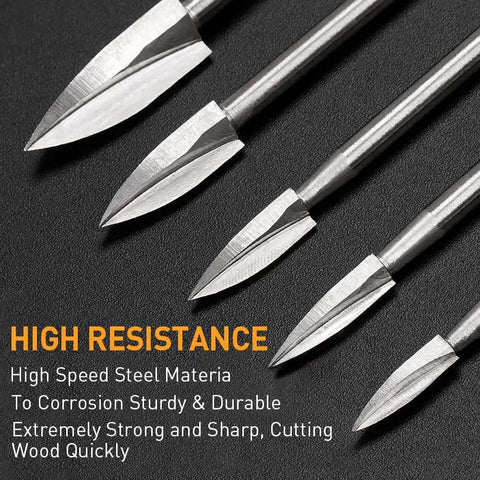 Pro Grade Wood Carving Bits For Rotary Tools, 5 Piece Engraving Drill Set With One Eighth Inch Shank, showing sharp HSS cutting heads.