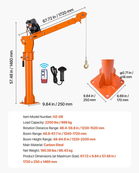Heavy-Duty Pickup Truck Crane, 2200 Lb Load Capacity With 12V Electric Winch, carbon steel, 67.72 in reach, with wireless control.