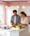 All In One Portable Boombox CD Player With Bluetooth for home use on kitchen counter with FM radio feature active.