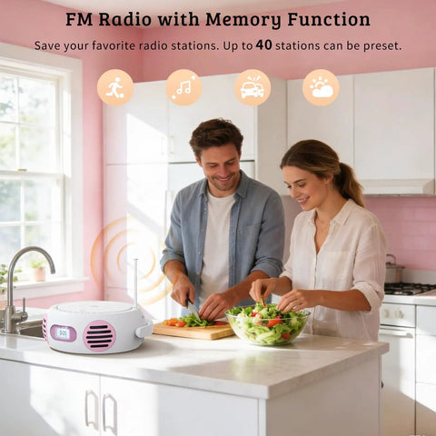 All In One Portable Boombox CD Player With Bluetooth for home use on kitchen counter with FM radio feature active.