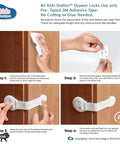 Instruction steps for installing 12 Pack Baby Safety Cabinet Locks White Two Step Locking System without drilling or glue.