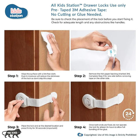 Instruction steps for installing 12 Pack Baby Safety Cabinet Locks White Two Step Locking System without drilling or glue.